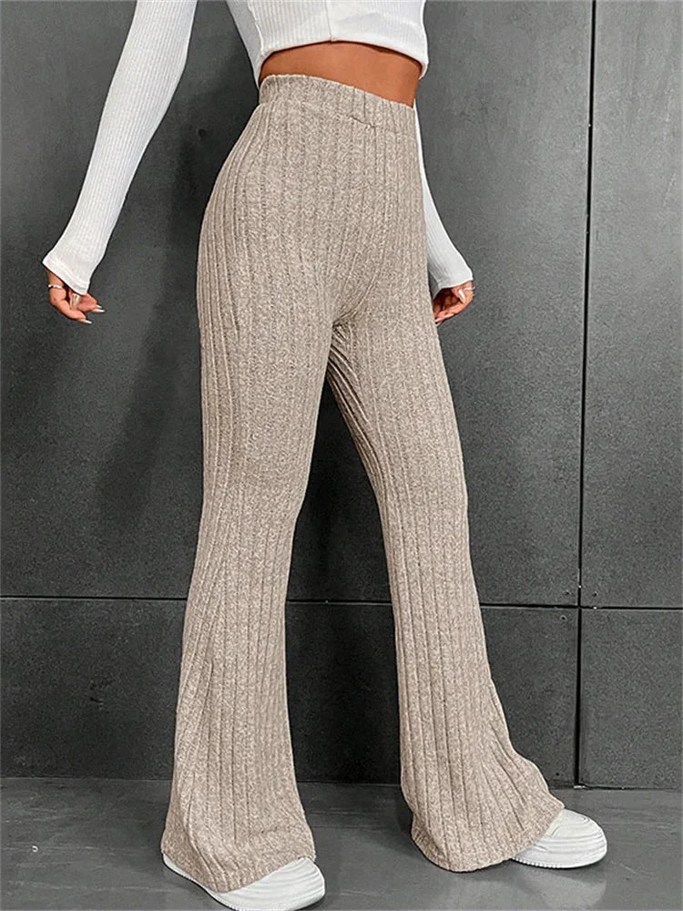 Huiketi Fashion Patchwork Knit Trousers For Women High Waist Slim Solid Ribbed Flared Pants Loose Knitwear Casual Women's Pants