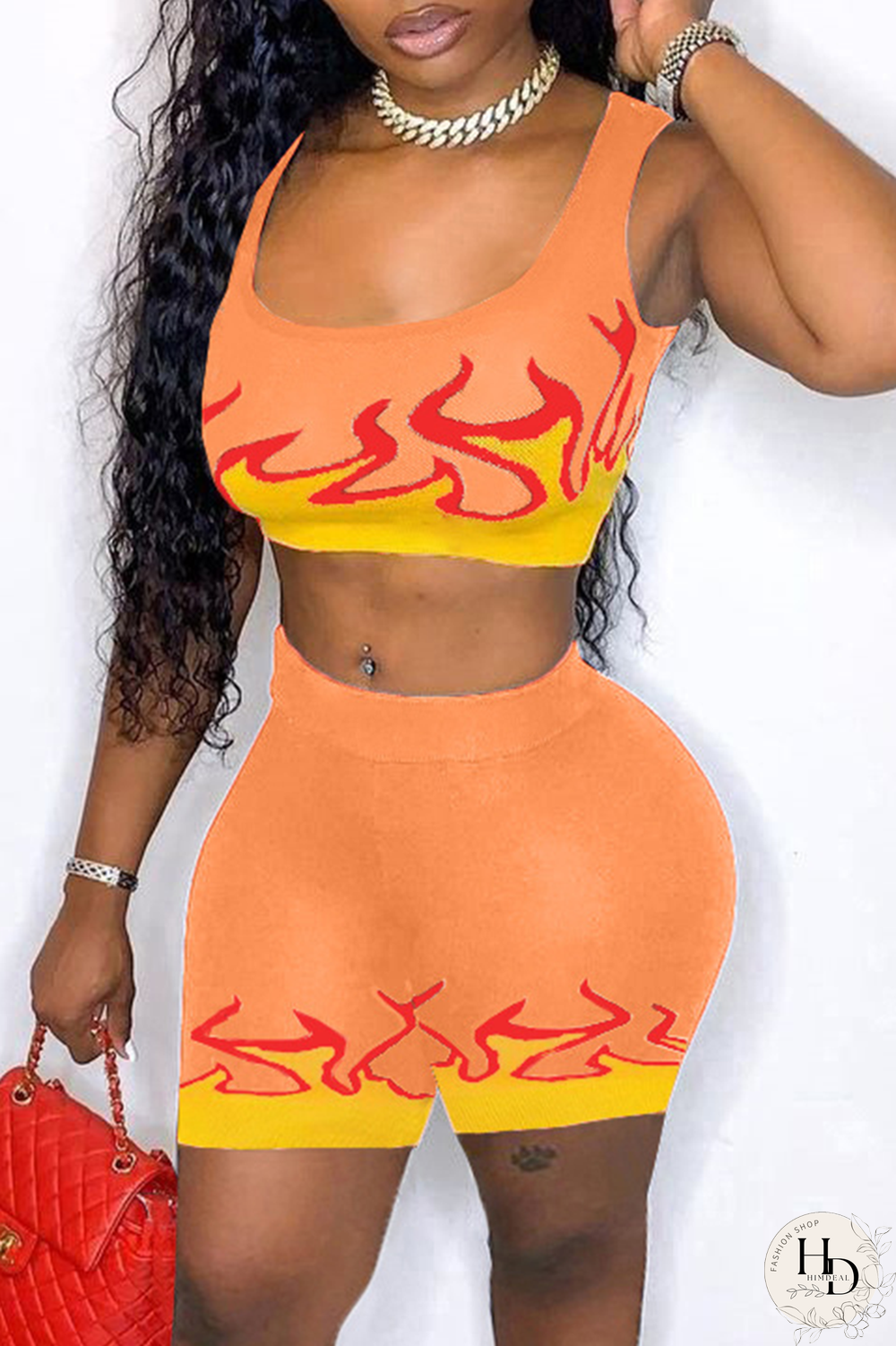 Red Sexy Print Split Joint Square Collar Sleeveless Two Pieces