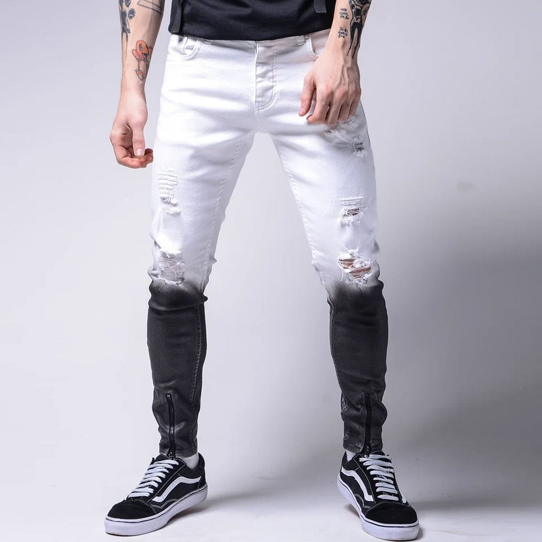 Gradient Print Paneled Cutout Pockets Casual Jeans