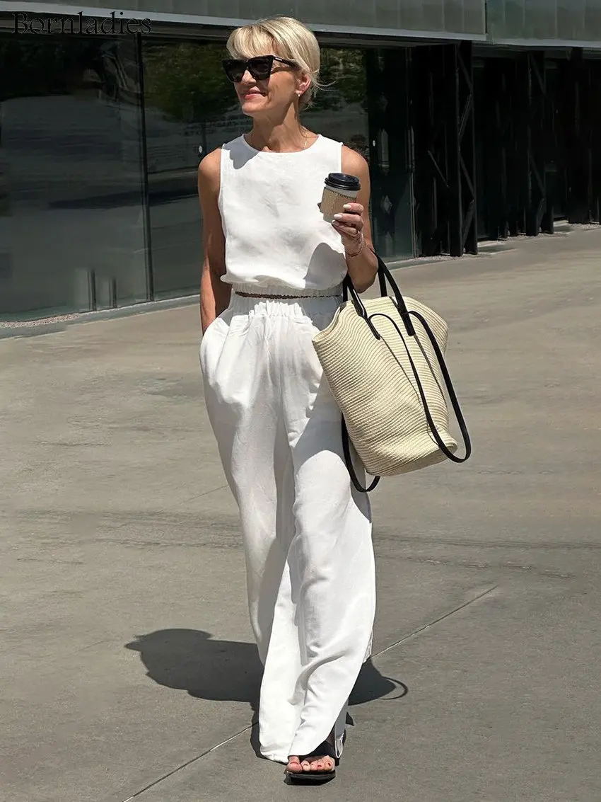 Mature Women Cotton And Linen Suit Short Summer Sleeveless Elastic Waist