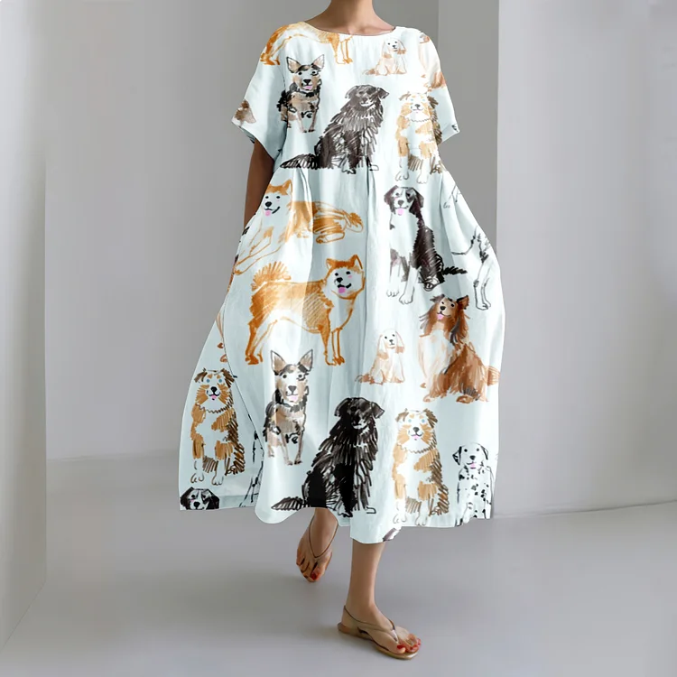 Women‘s Happy Puppy Graffiti Art Print Midi Dress