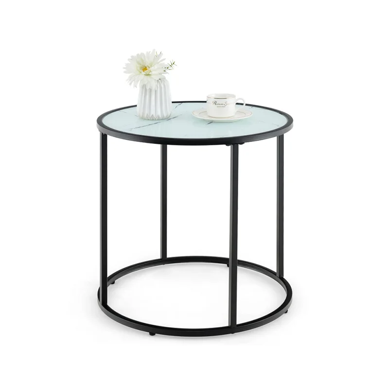 Small End Table with Metal Frame and Faux Marble Glass Top