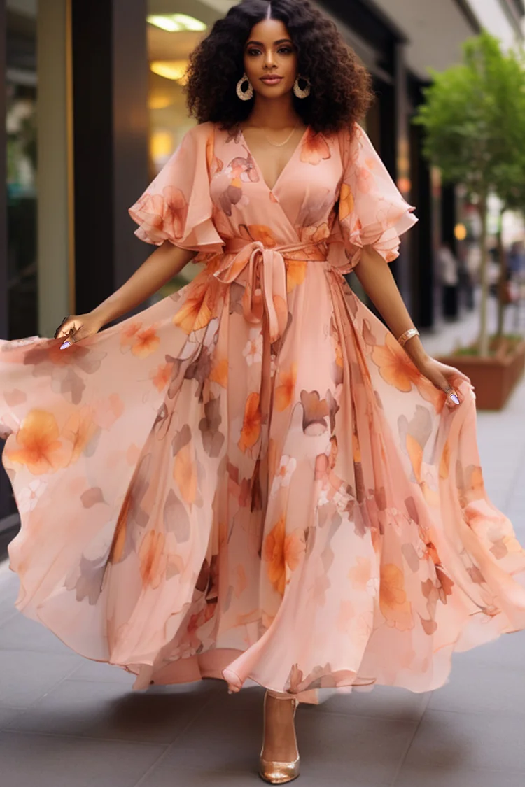 Xpluswear Design Plus Size Vacation Elegant Peach Floral Wrap Neck Short Sleeve Chiffon Maxi Dresses [Pre-Order] 2024 - Xpluswear