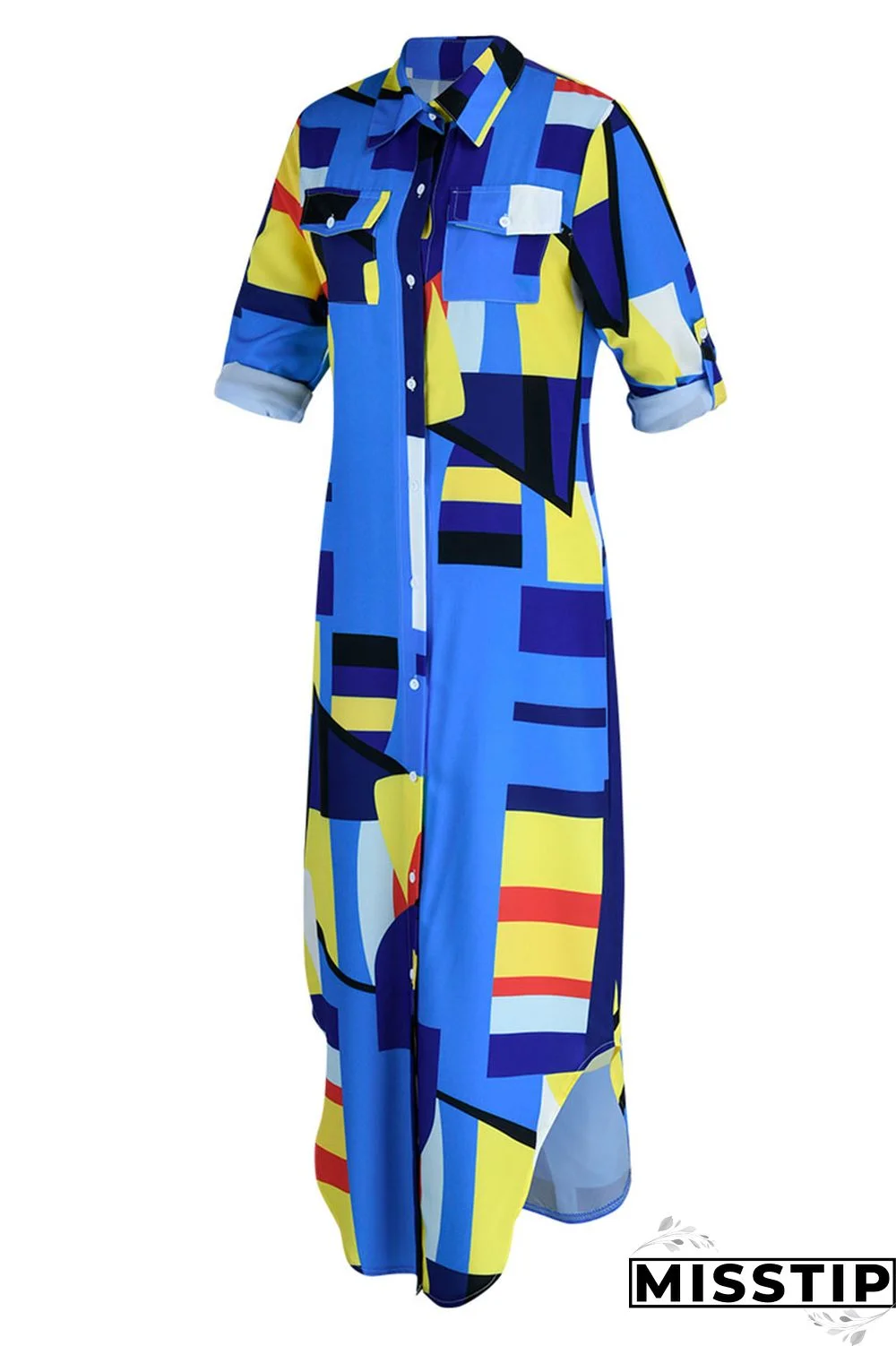 Blue Casual Print Patchwork Buckle Turndown Collar Shirt Dress Dresses