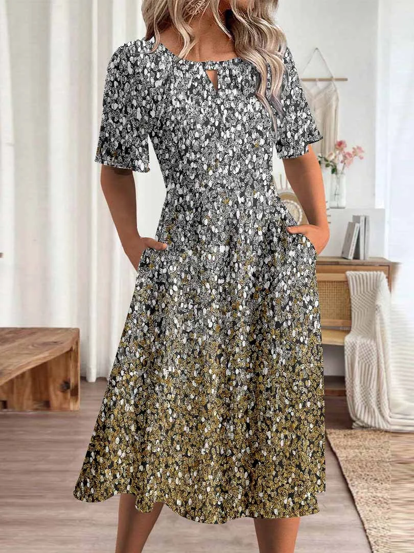 Women Colorblock,Polka Dot,Yellow DZHA8093 Short Sleeve Scoop Neck Graphic Printed Hollow Midi Dress