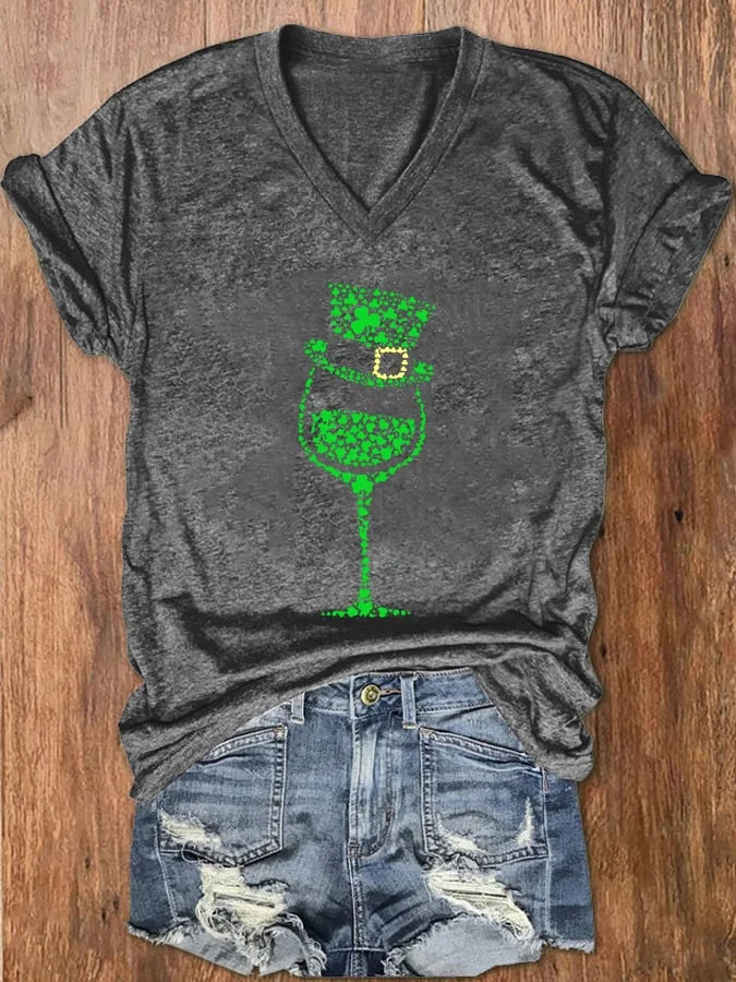 Women's St Patrick’s Day Shamrock Wine Glass Print V-Neck T-Shirt socialshop