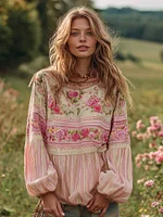 Women's Vintage Pink Rose And Striped Casual Linen Shirt