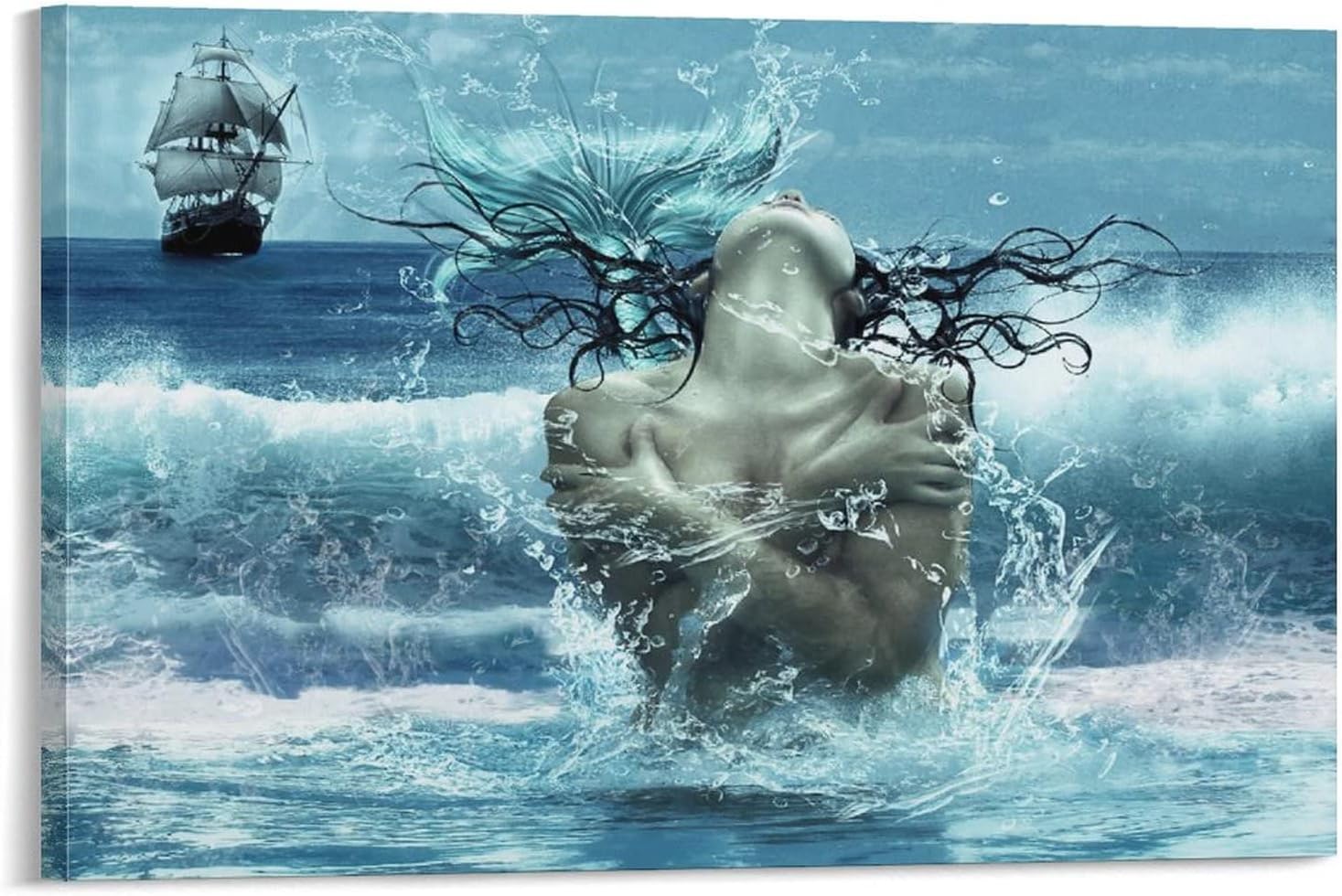 Women and Waves, Blue Waves and Lighthouses, Mermaids, Underwater Art, Modern Art Posters Wall Art Paintings Canvas Wall Decor Home Decor Living Room Decor Aesthetic 24x36inch(60x90cm) Frame-Style 24x36inch(60x90cm)