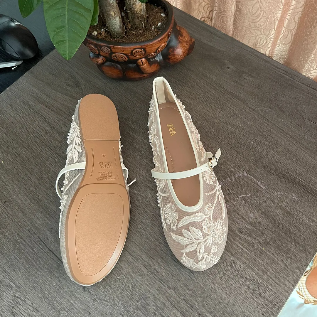 Breakj Breakj Home 2025 New Shoes Women's Flat-Bottomed Mary Jane Women's Shoes New Embroidery Chinese Style Bag Head White Sandals