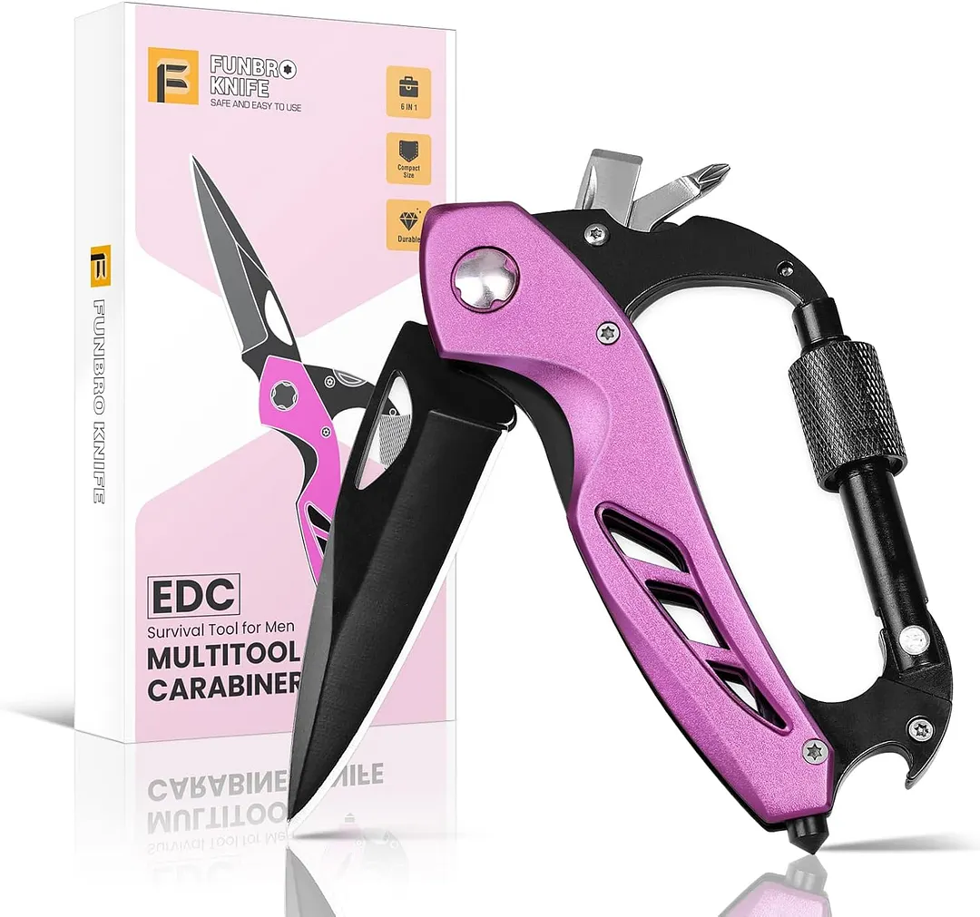 Multi-functional carabiner pocket knife, EDC (Everyday Carry) carabiner folding knife, bottle opener, window breaker, and screwdriver; camping survival gear.g Hiking