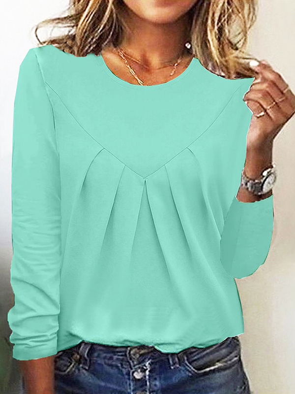 Split-Joint Solid Color Pleated Plus Size Loose Round-Neck T-Shirts Tops LIGHT GREEN-5XL