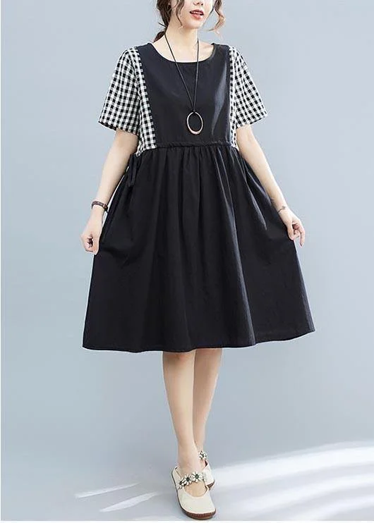 Boho Black Patchwork Plaid Cotton  Loose Summer Long Dress
