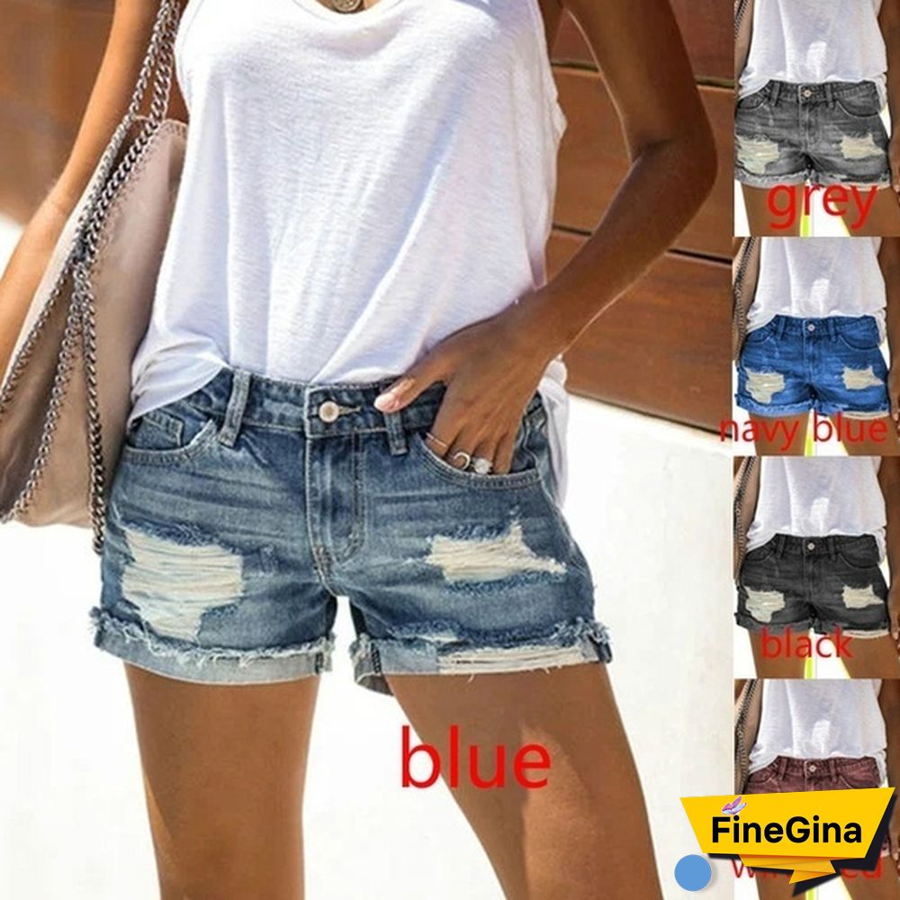 XS-5XL Plus Size Summer Women's Fashion Denim Shorts Blue Jeans Ripped Casual Pants High Waist Denim Pants Cool Streetwear