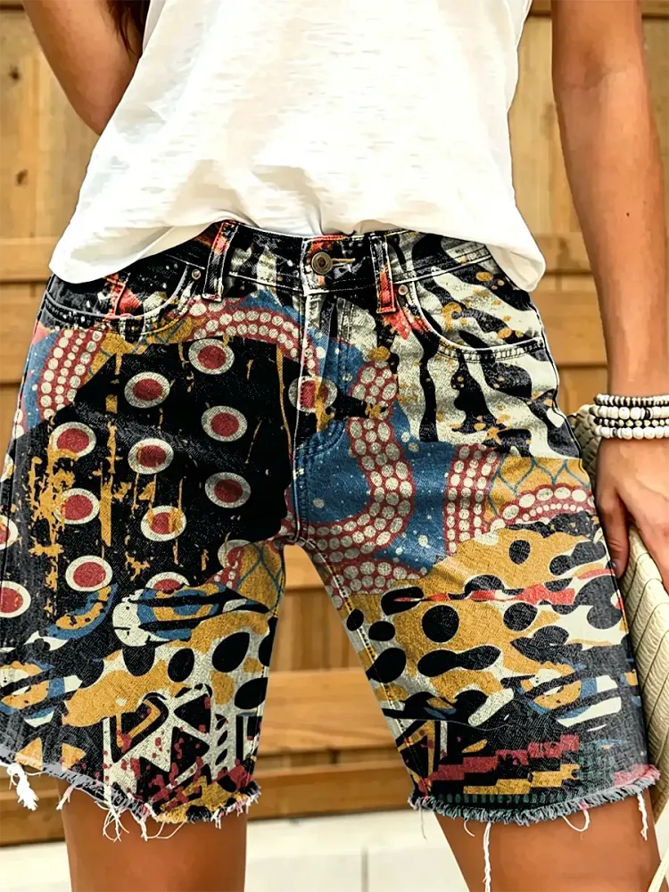 Women's Bohemian Floral Art Print Fashion Denim Shorts