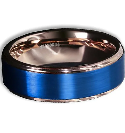 6MM 8MM Women Mens Tungsten Rose Gold Rings with Blue Matte Finish Top Wedding