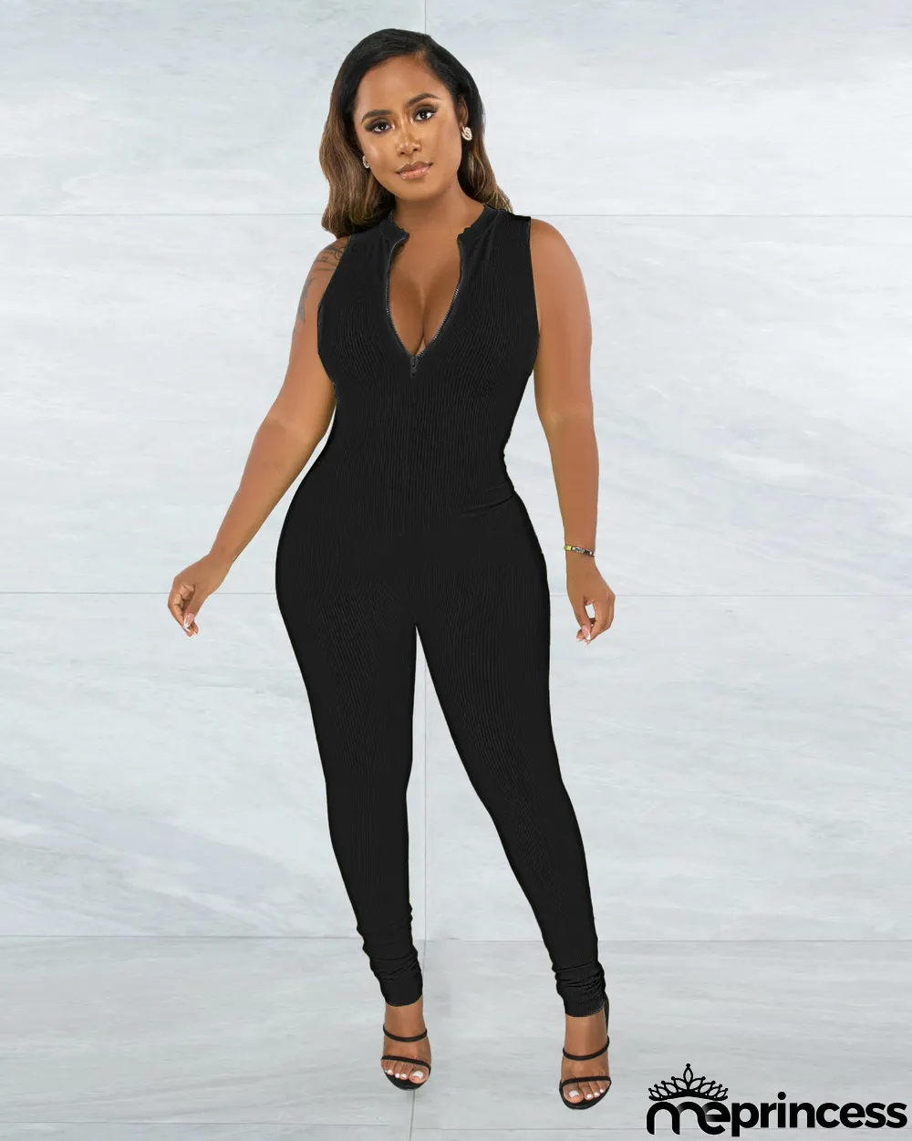 Women Spring Casual Ribbed Sleeveless Zip Jumpsuit