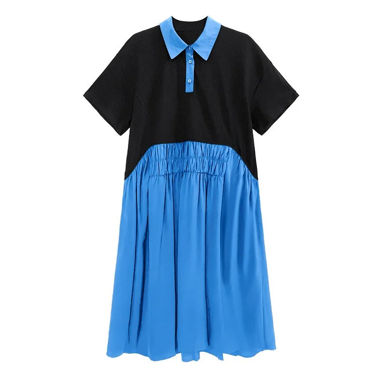 Casual Loose Contrast Color Turn-down Collar Patchwork Folds Splicing Short Sleev Dress        