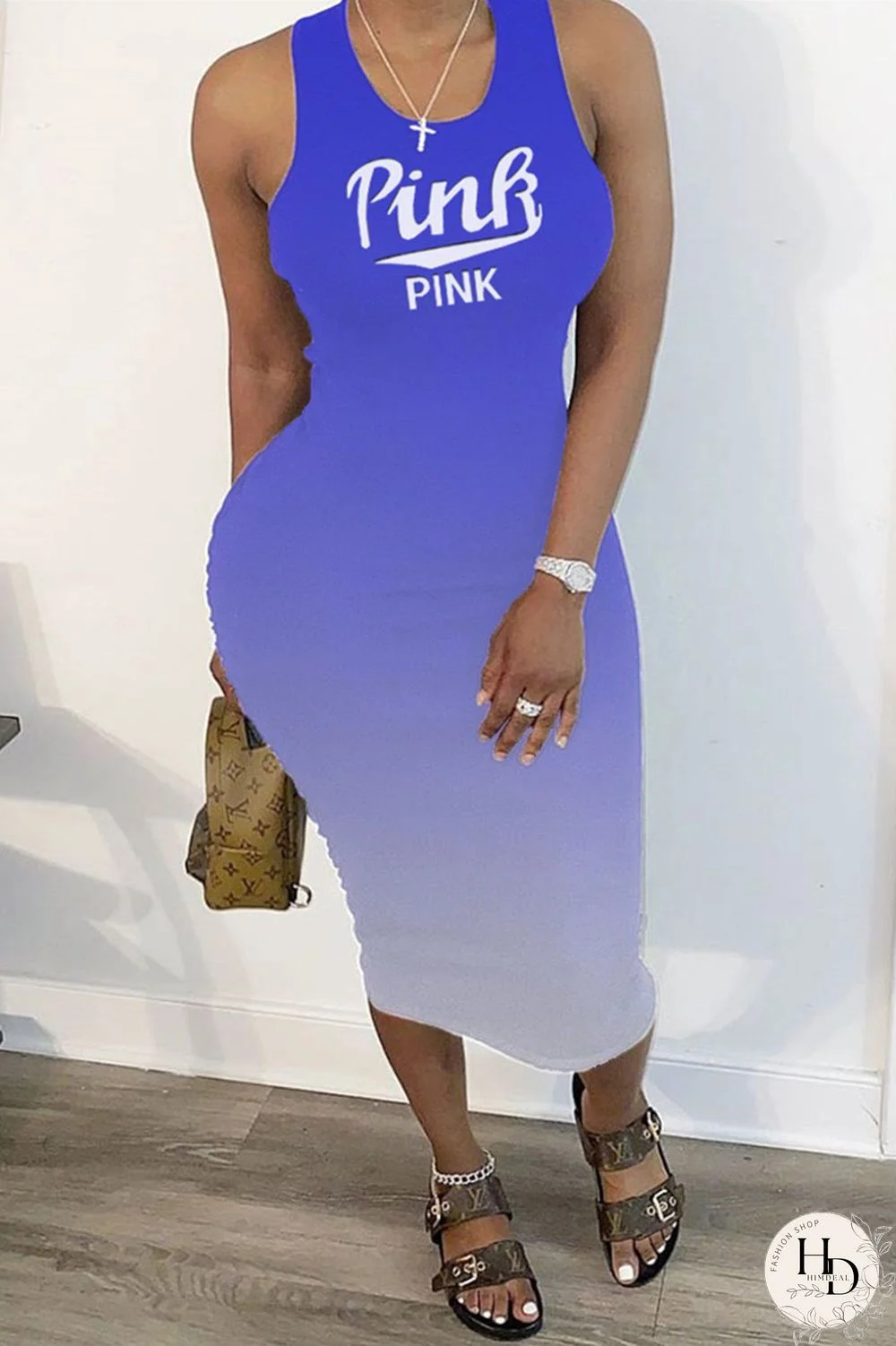 Rose Red Fashion Casual Gradual Change Letter Print Basic U Neck Vest Dress