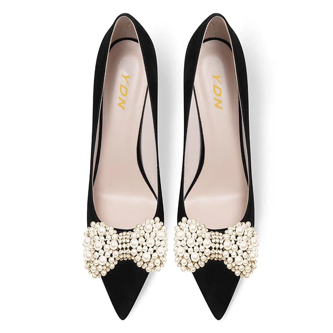 Black Delicate Pearl and Rhinestone Bow Pointed Toe High Heel Shoes