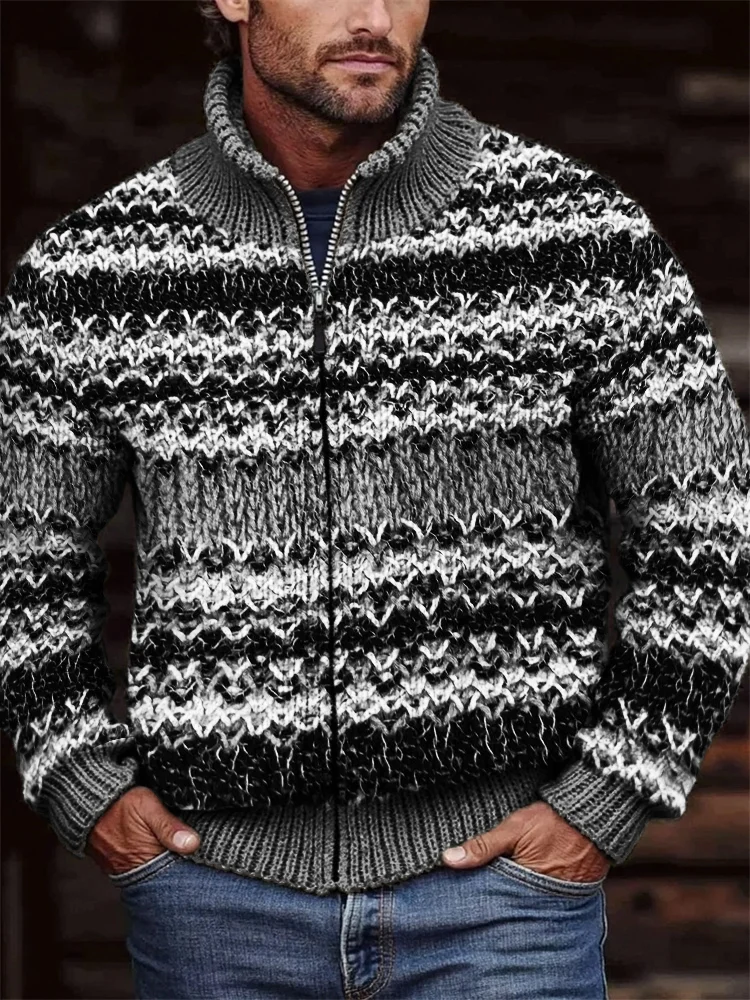 Utbros Men's Retro Chunky Crochet Cozy Full Zip Cardigan