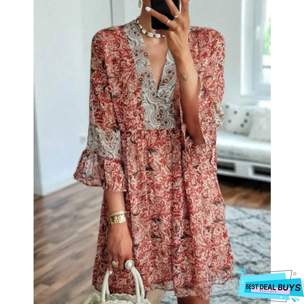 V-Neck Print Stitching Loose Cropped Flared Sleeve Dress