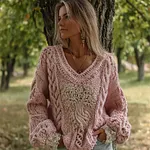 Vintage Pink Tree Of Life V Neck Cozy Cable Knit Sweater - Image 2