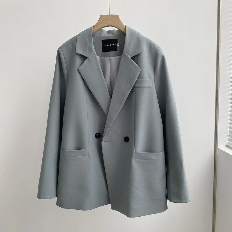 Lizkova Autumn Blazer Women 2021 Black Double Breasted Jacket Korean Pockets Long Sleeve Loose Suit Coat