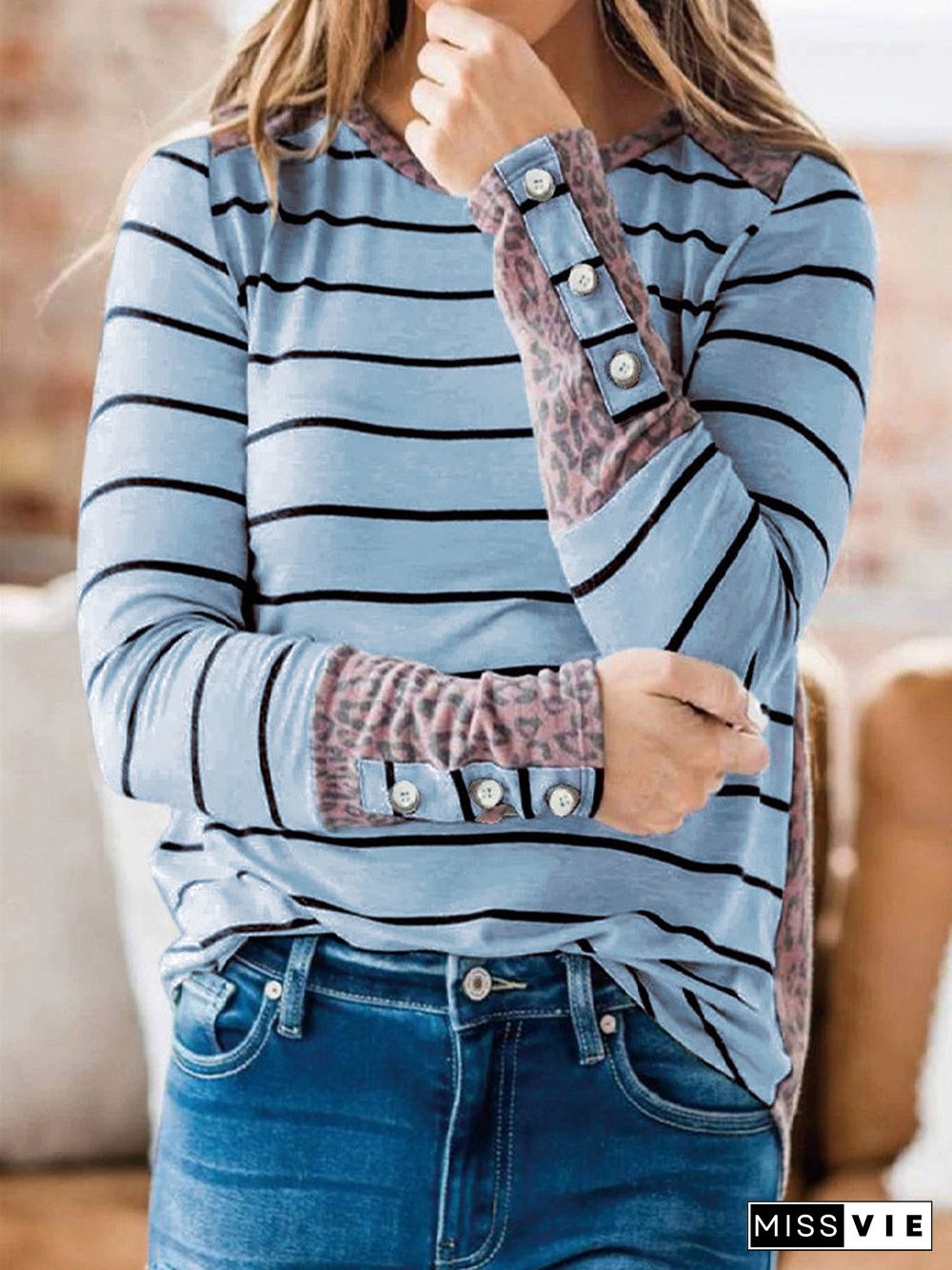 Women's Striped Long Sleeve Scoop Neck Tops