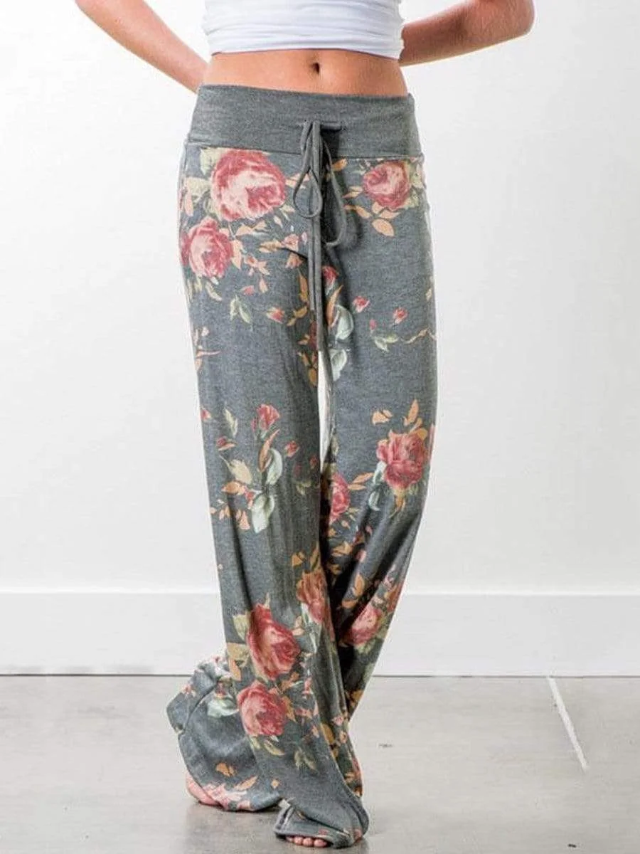 Hot Western Casual Personality High-Rise Wide-Leg Long Floral Print Pants