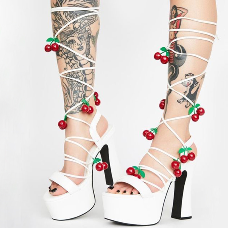 GOOSHOE Fruit Platform Sandals With Wrapped High Heels In White