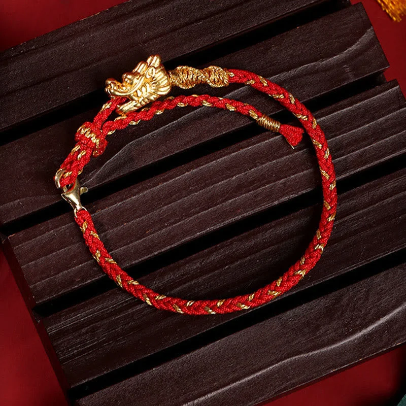 999 Sterling Silver Dragon Luck Red String Braided Bracelet