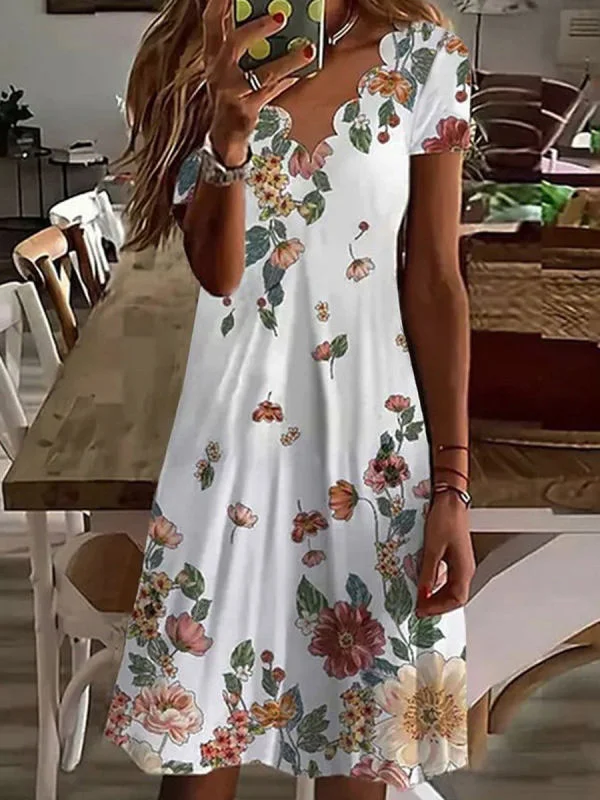 Women Loose Vintage Ruffles Casual Printed Beach Dress