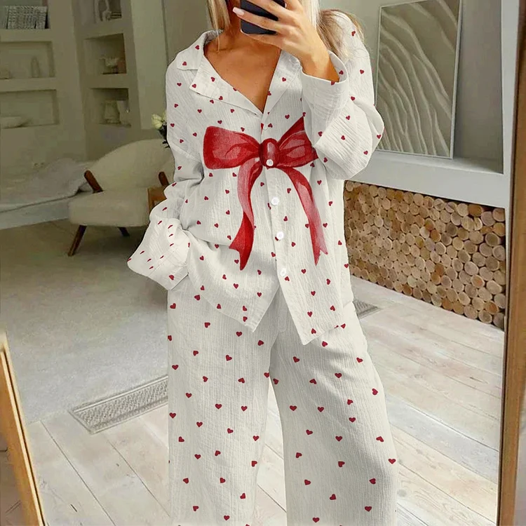 Women's Heart Bow Printed Cotton Cardigan Homewear Set