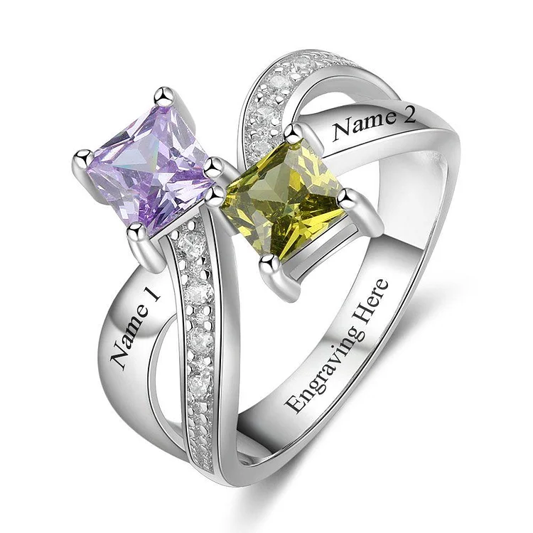 Princess Cut Promise Ring with2 Birthstone Personalized Mother Ring Engraving 2 Names