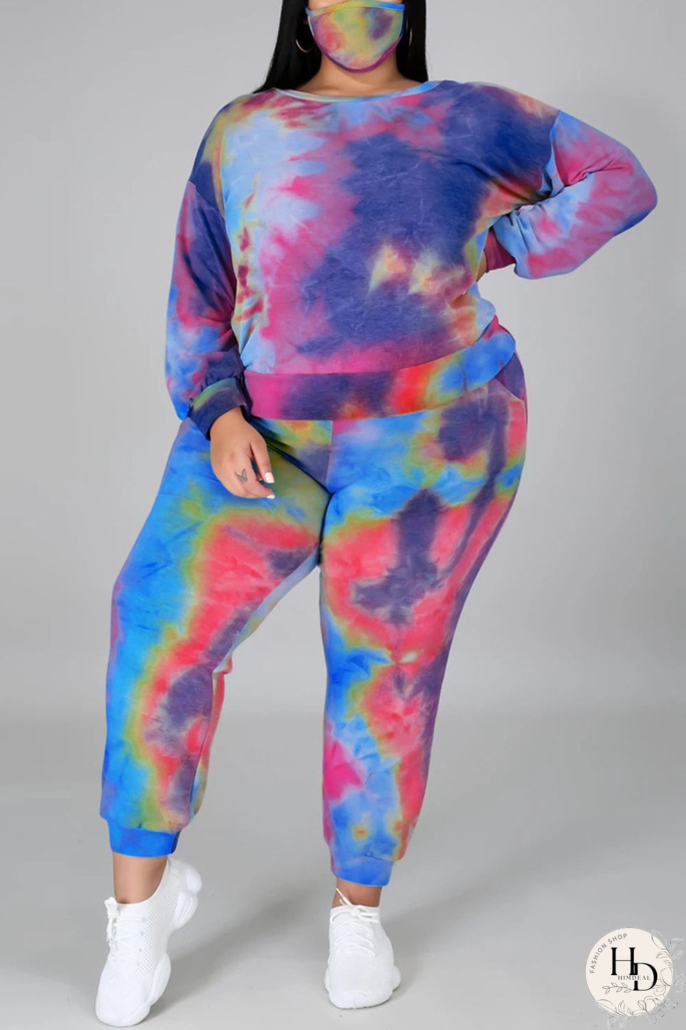 Dark Blue Fashion Casual Print Tie Dye Tie-dye Backless O Neck Plus Size Set