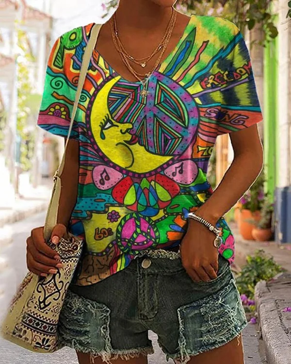 🔥kukelife🔥Hippie Moon Print Short Sleeve T-Shirt