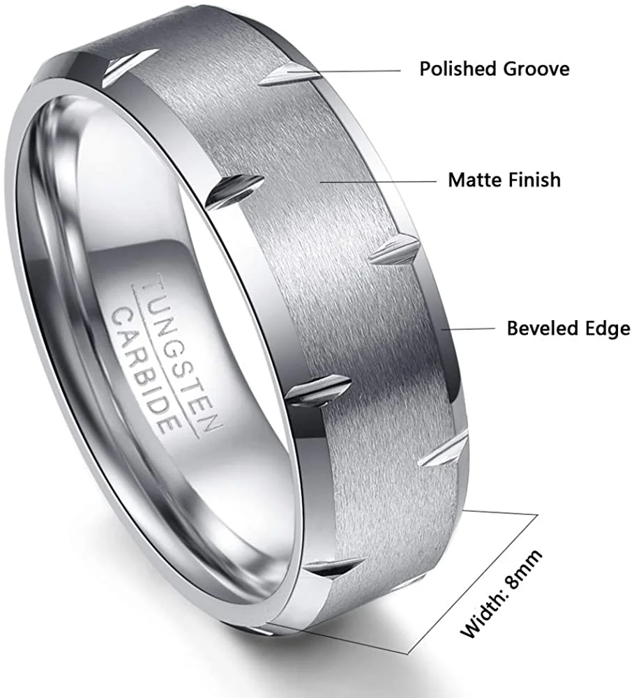 4MM 6MM 8MM 10MM Mens Women Silver Matte Tungsten Carbide Rings High Polished Beveled Edge Grooves Carbon Fiber Couple