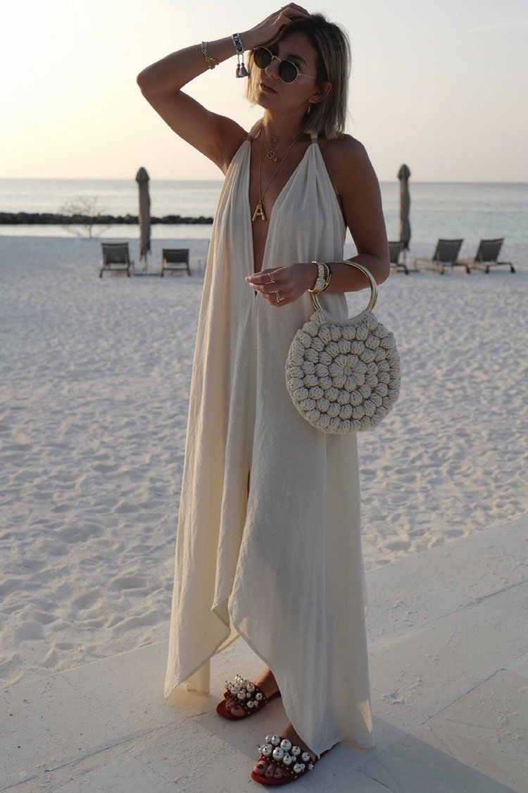 Flirty Backless Deep V Neck Halter Beach Midi Dress - Shop Trendy Women's Clothing | LoverChic