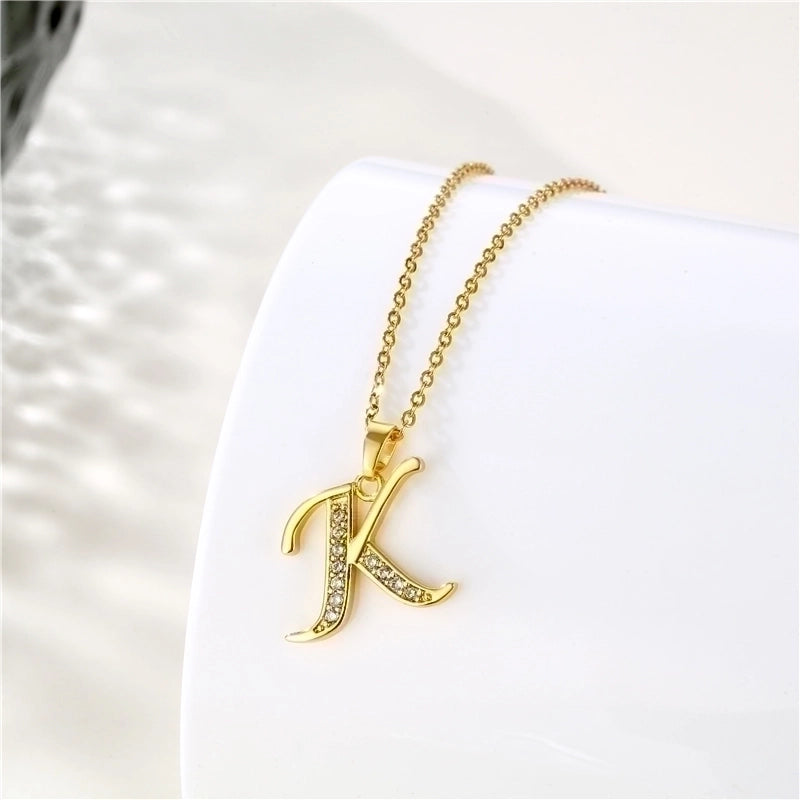 Stainless Steel Titanium Steel 18K Gold Plated Fashion Plating Inlay Letter Zircon Pendant Necklace