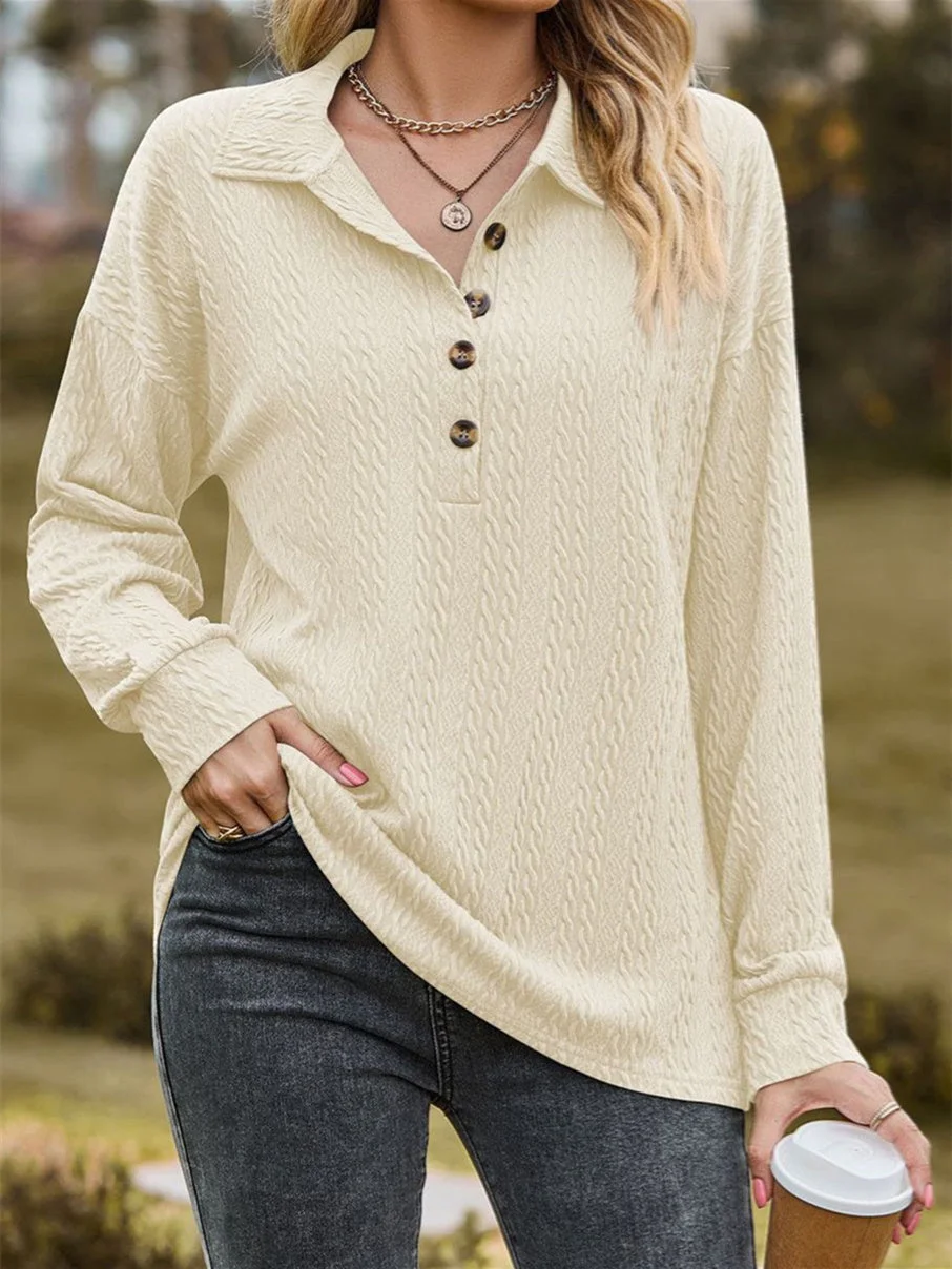 Women's Pockets Solid Color Stitching Long Sleeve V-neck Top