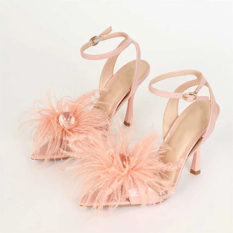 Blush Pink Feather Patent Leather Ankle Strap High Heels Sandals |FSJ Shoes