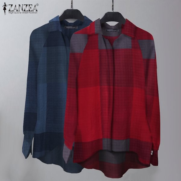 S-5XL Ladies Casual Spring Check Printed Top Long Sleeve Vintage Oversized Holiday Shirt Blouse - Shop Trendy Women's Clothing | LoverChic