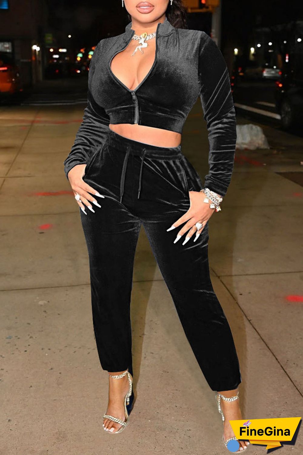 Black Casual Solid Patchwork Zipper Collar Long Sleeve Two Pieces