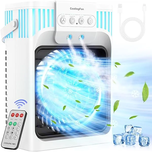 Portable Air Conditioner Cooling Fan with Remote, Quiet with 3 Speeds, 1200ml Evaporative Personal Air Cooler Fan with 3 Mist, 7 Night Light, 8H Timer, Small Air Conditioner for Bedroom Office White-A