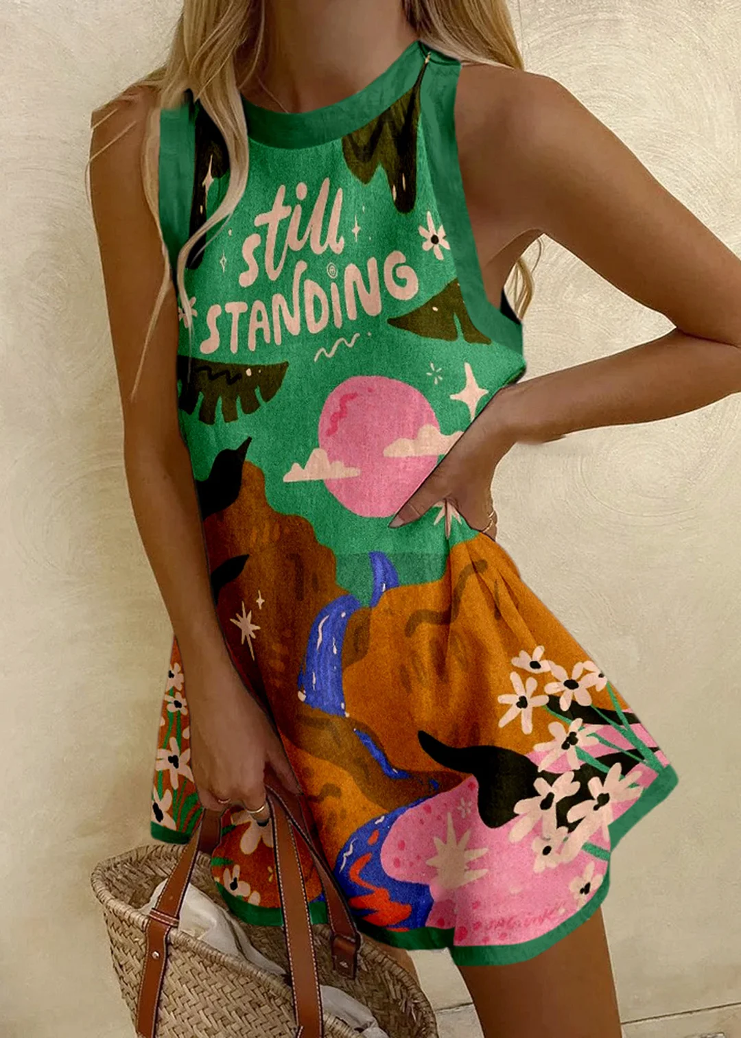 Landscape Print Sleeveless Mini Dress