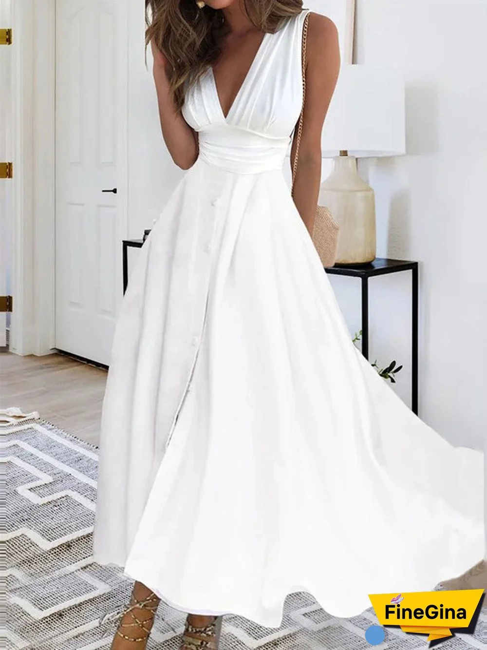 Women's Sleeveless V-neck Solid Color Maxi Dress