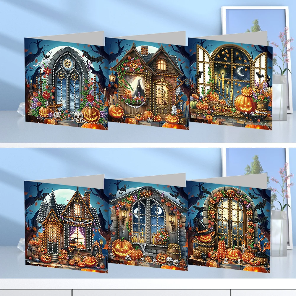 6pcs DIY Halloween House Special Shape Diamond Painting Greeting Card Kit【With White Envelope】