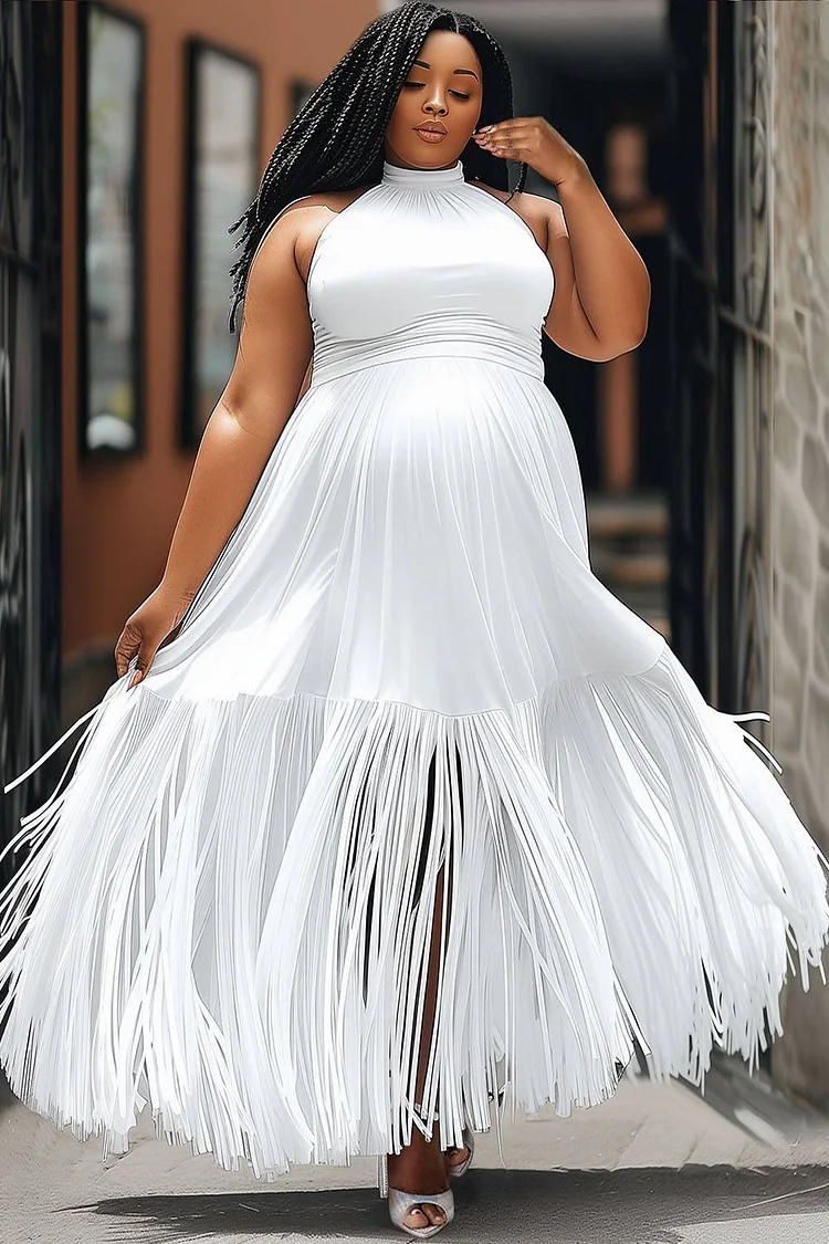 Xpluswear Design Plus Size Wedding White Halter Collar Strappy Knitted Maxi Dresses [Pre-Order]