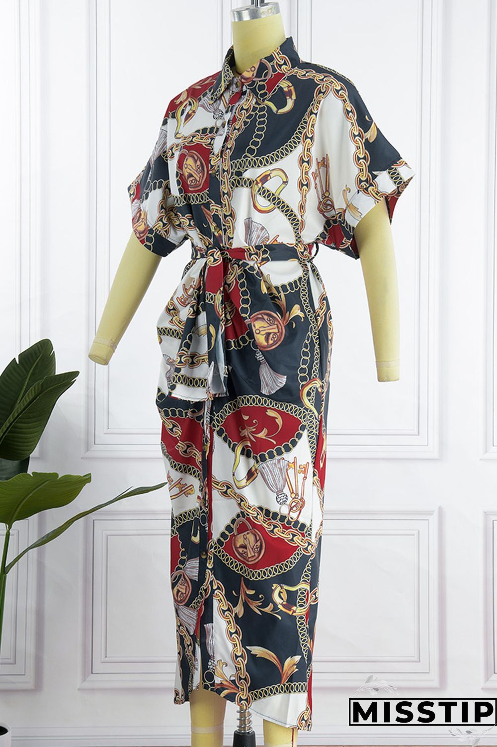 Blue Fashion Casual Print Patchwork Turndown Collar Shirt Dress