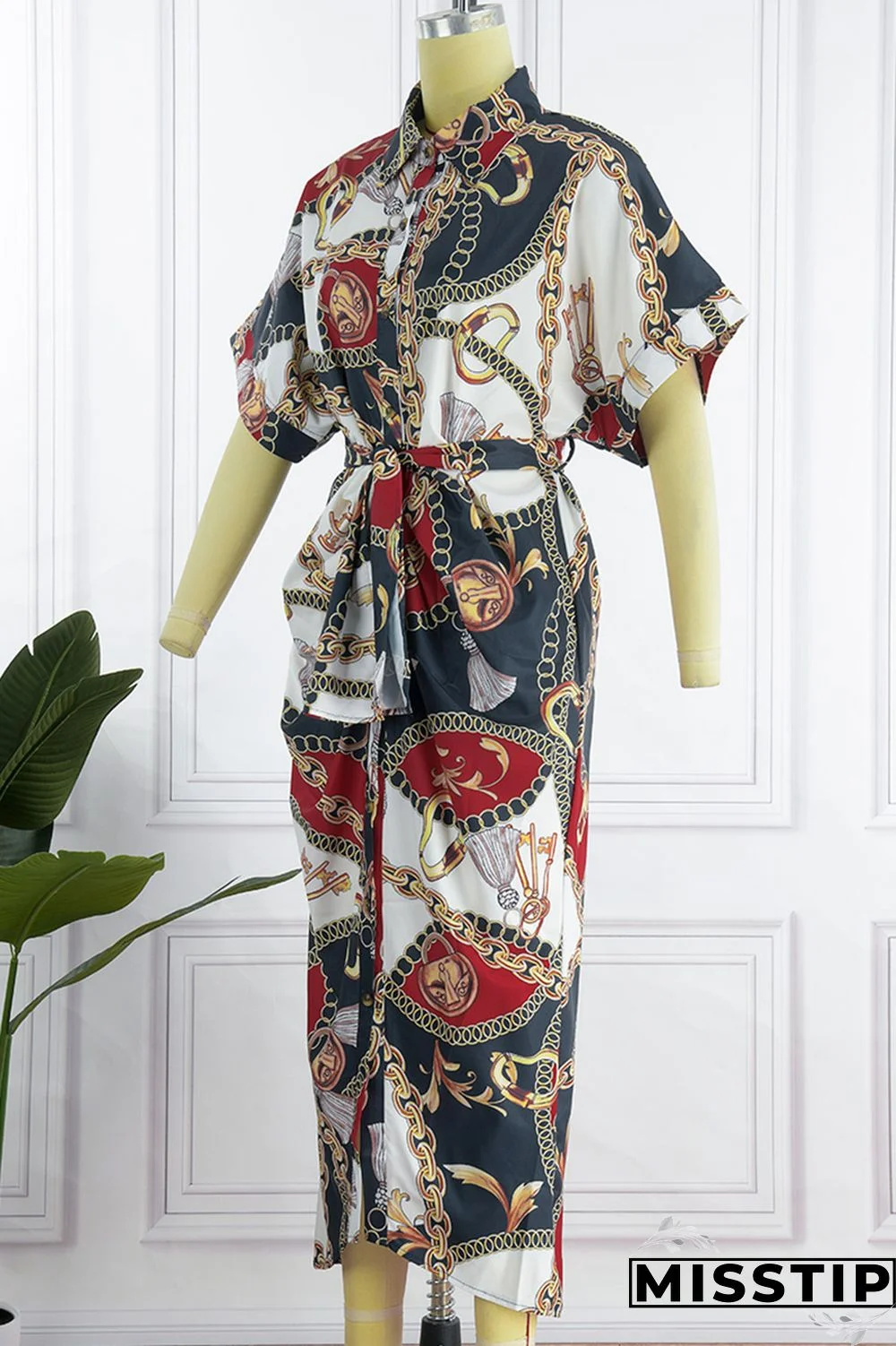 Blue Fashion Casual Print Patchwork Turndown Collar Shirt Dress